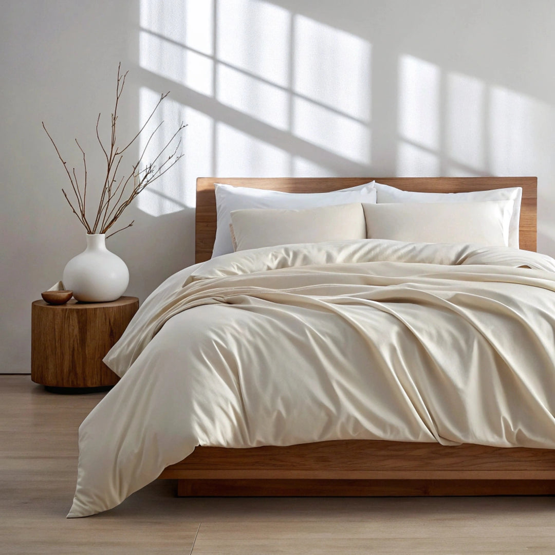 Sunlit minimalist bedroom with a loosely draped cream bamboo duvet on a wooden platform bed. Plush pillows and soft, relaxed layering create a cozy, lived-in look. A round side table with a white ceramic vase and dried branches enhances the calm, effortlessly luxurious atmosphere. supports a fresher, healthier sleep space.