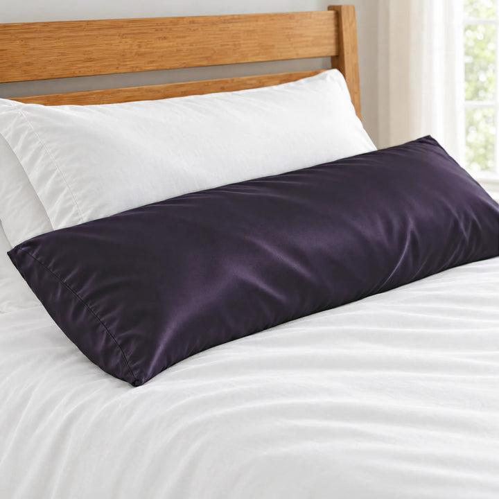 Royal Purple bamboo viscose sateen body pillowcase close-up on a body pillow beside a white sleeping pillow, silky sateen finish