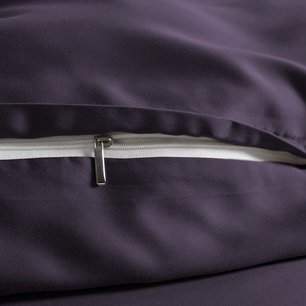 close-up of royal purple bamboo pillowcase with hidden white zipper and smooth sateen finish