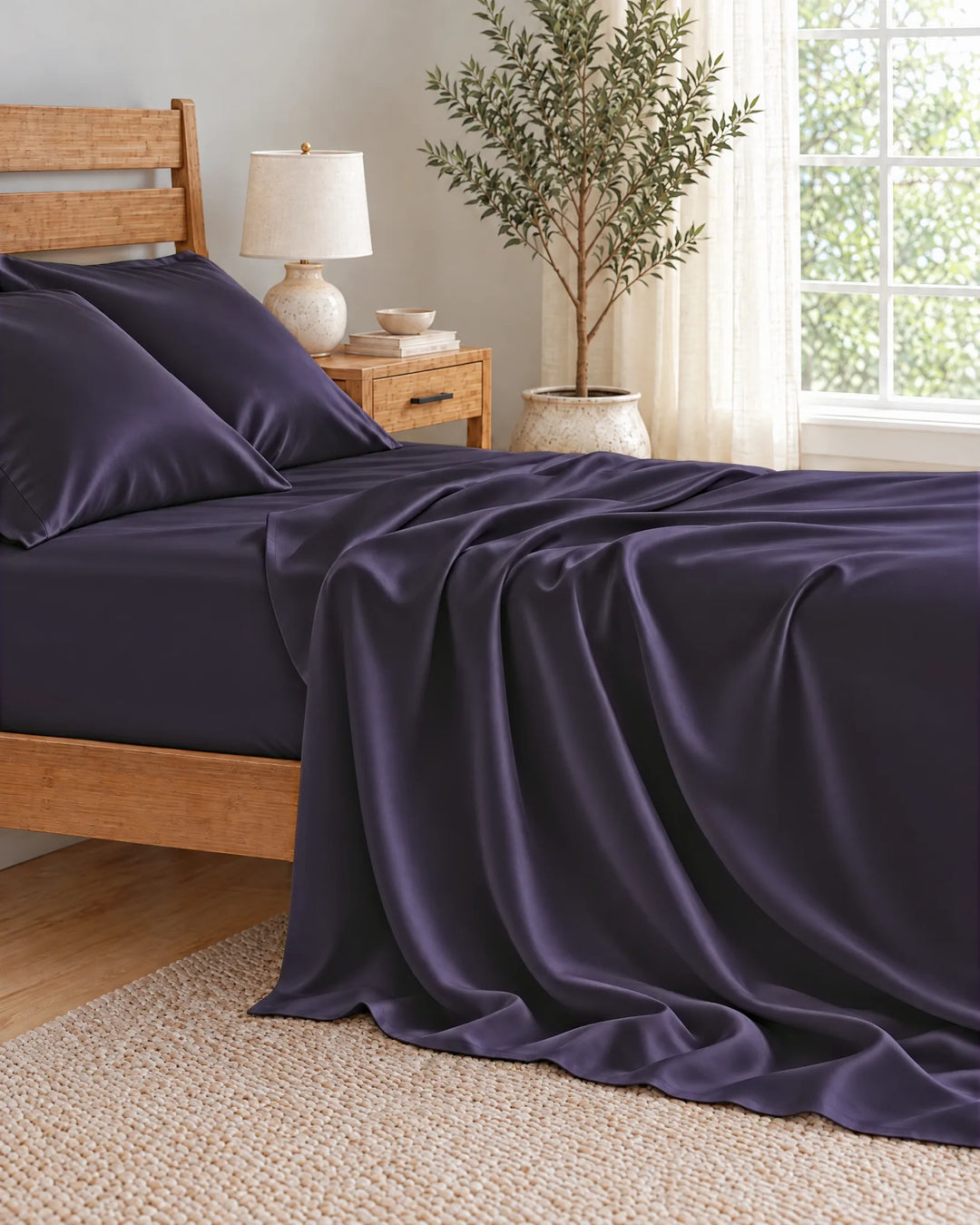 Royal Purple bamboo viscose flat sheet cascading in deep soft folds down the side of the mattress