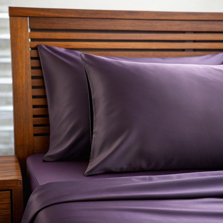 Royal purple bamboo sateen fabric close-up — the cooling weave used in the Toddler Pillowcase