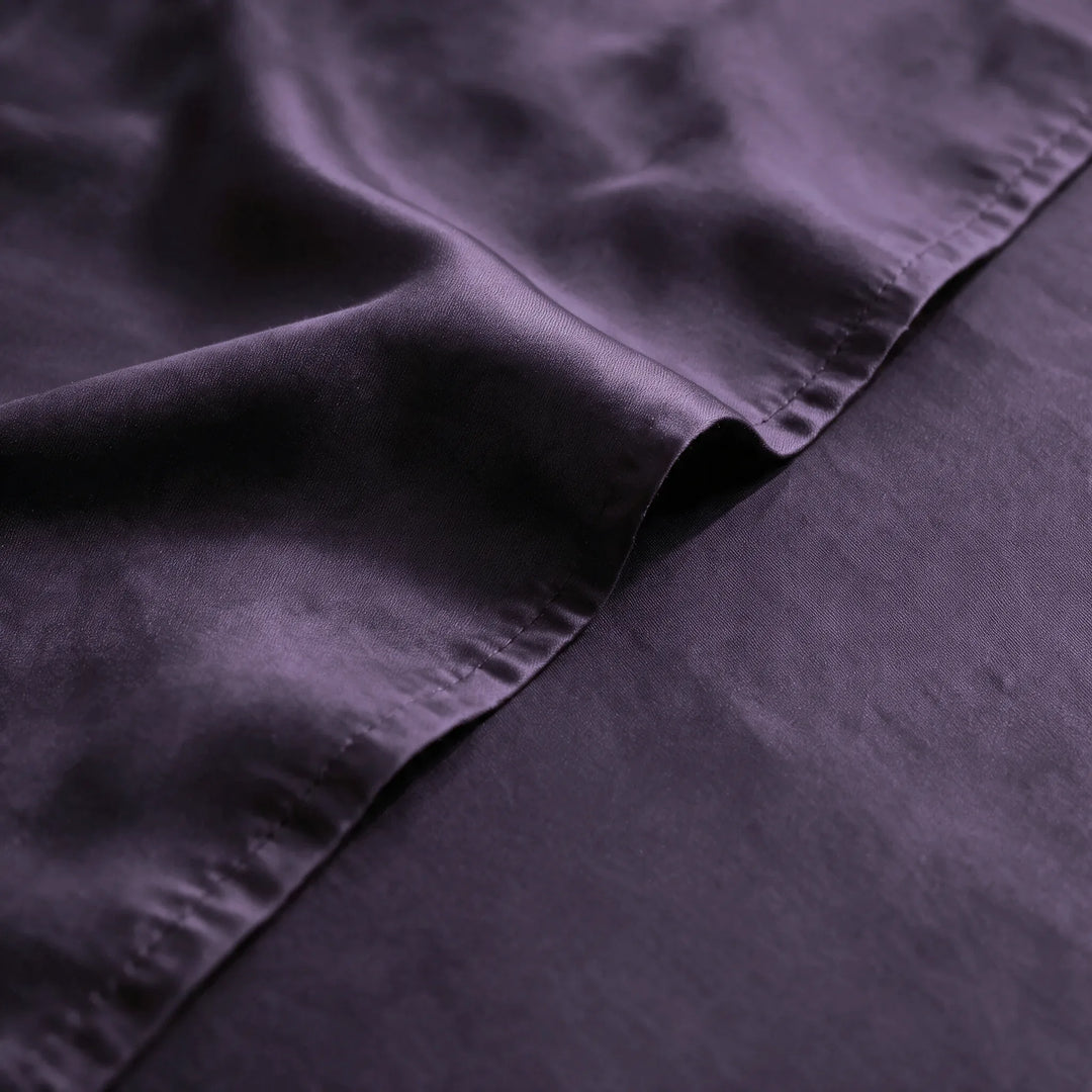 royal purple bamboo viscose sateen weave close-up with hem stitching