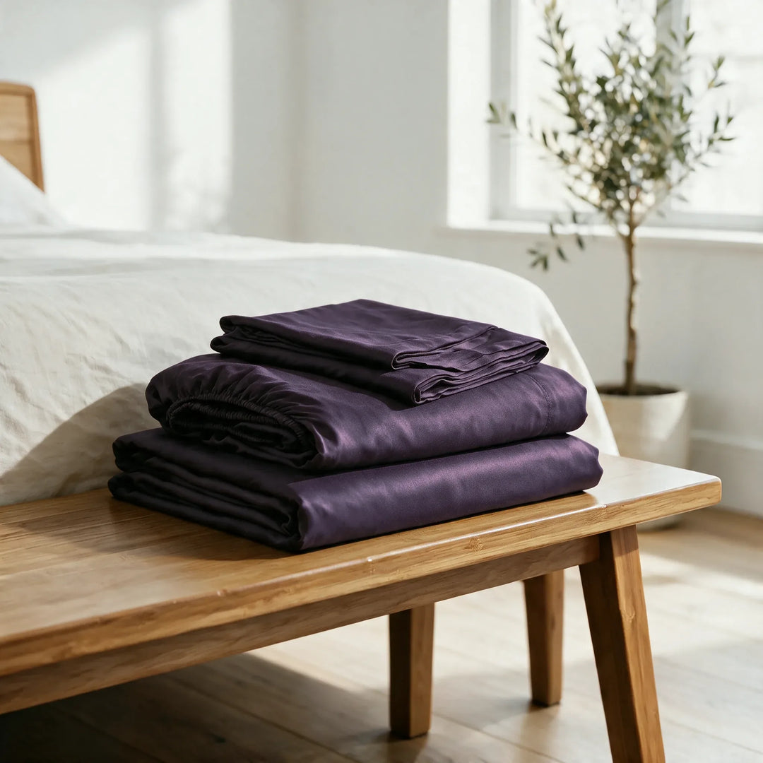 royal purple bamboo viscose sheet set folded on a bamboo bench: flat sheet, fitted sheet and pillowcases