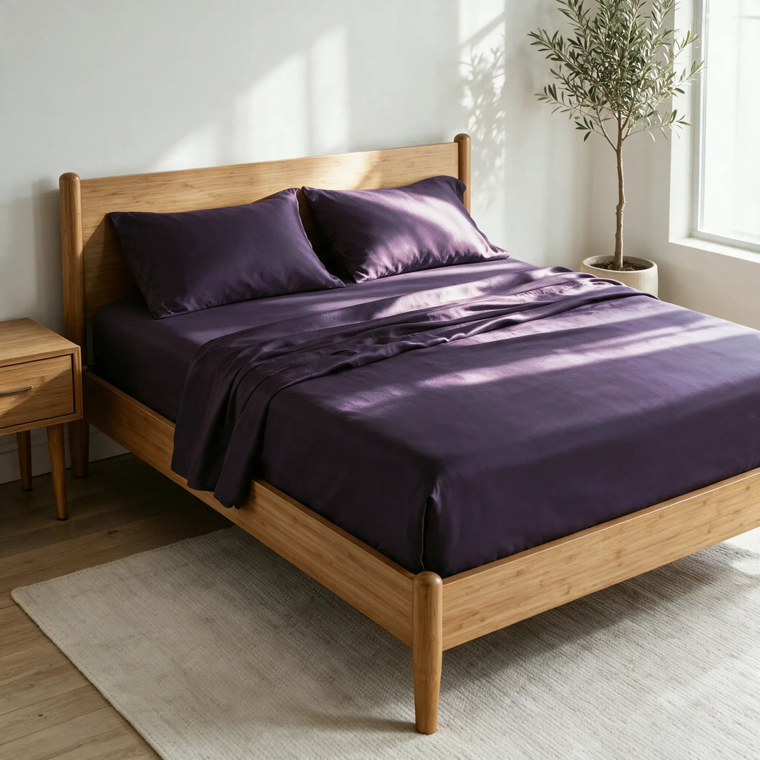 royal purple bamboo viscose sateen sheet set on a caramelized bamboo bed frame in a bright bedroom with a cream rug and olive tree