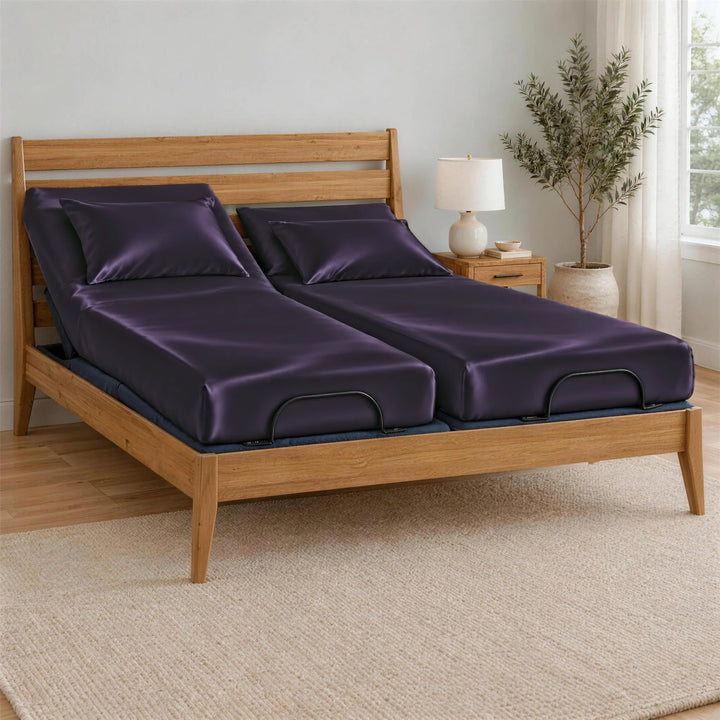 Royal purple bamboo viscose Split King sheets on two separate twin XL mattresses, BT3000 Split King adjustable base in a Greenington Sienna bamboo frame