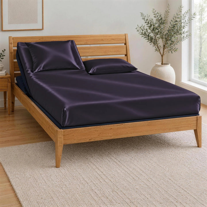Royal purple bamboo viscose Top Split King fitted sheet on one king mattress split at the head, BT3000 Split Top King base in a Greenington Sienna bamboo frame