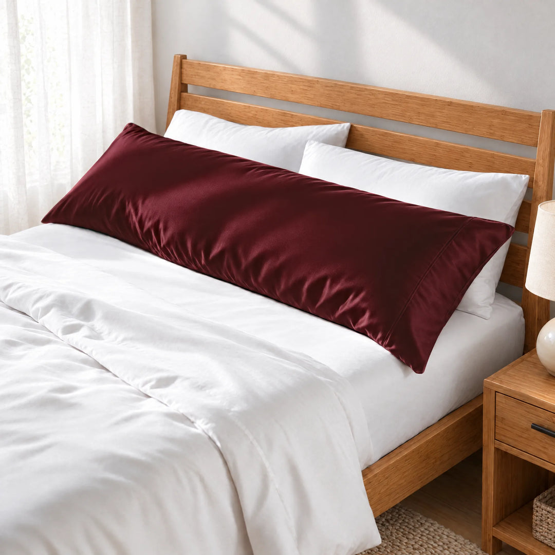 Ruby Red bamboo viscose sateen body pillowcase along the headboard of a made bed, three-quarter view from the foot of the bed