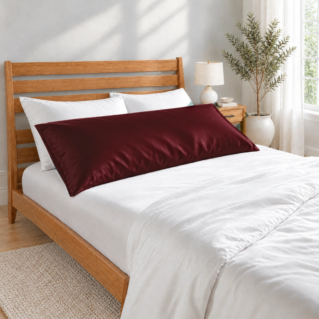 Ruby Red bamboo viscose sateen body pillowcase lying in front of white pillows on a made bed with a honey bamboo headboard in a bright bedroom