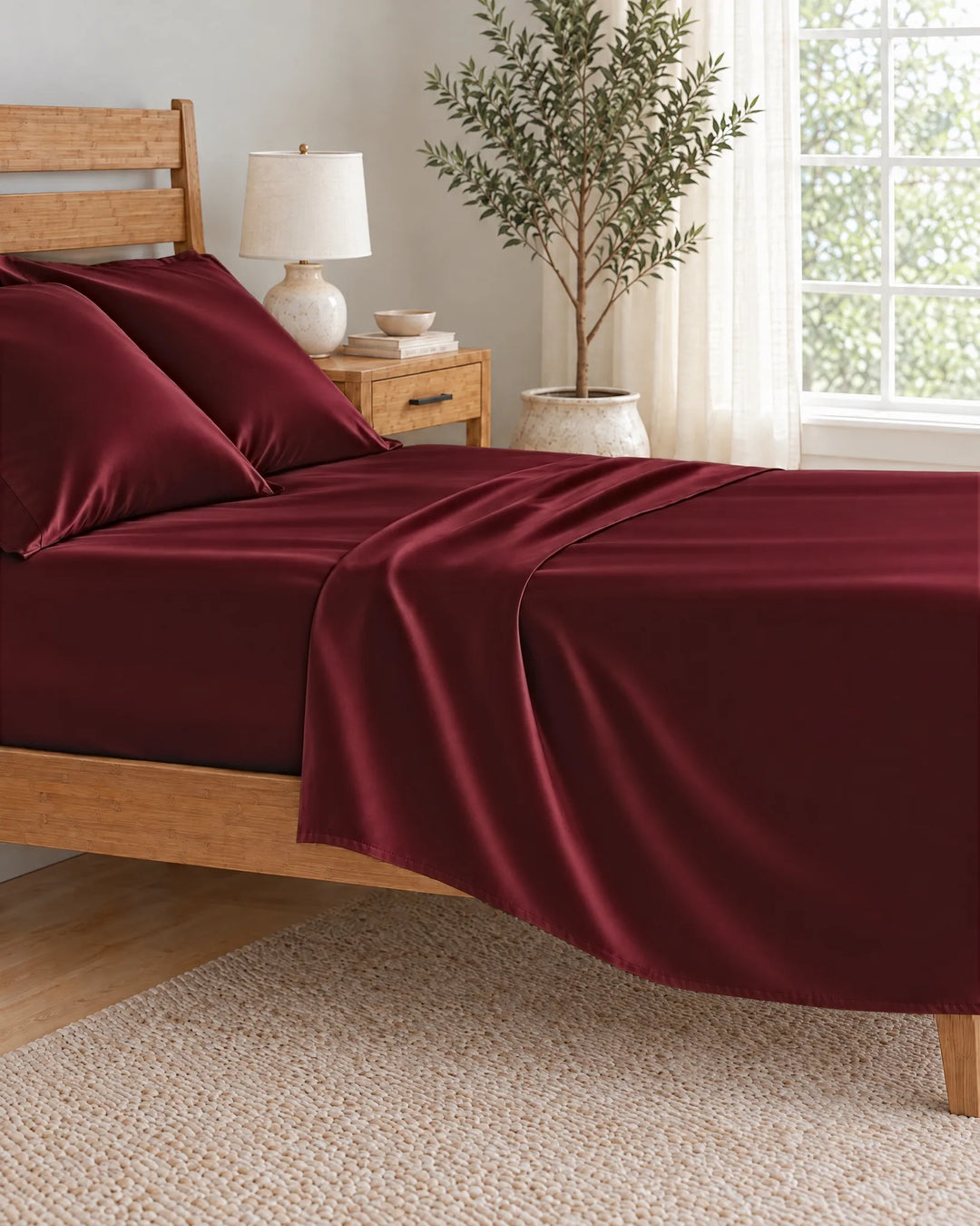 Ruby Red bamboo viscose flat sheet pulled back in a soft morning drape over the mattress