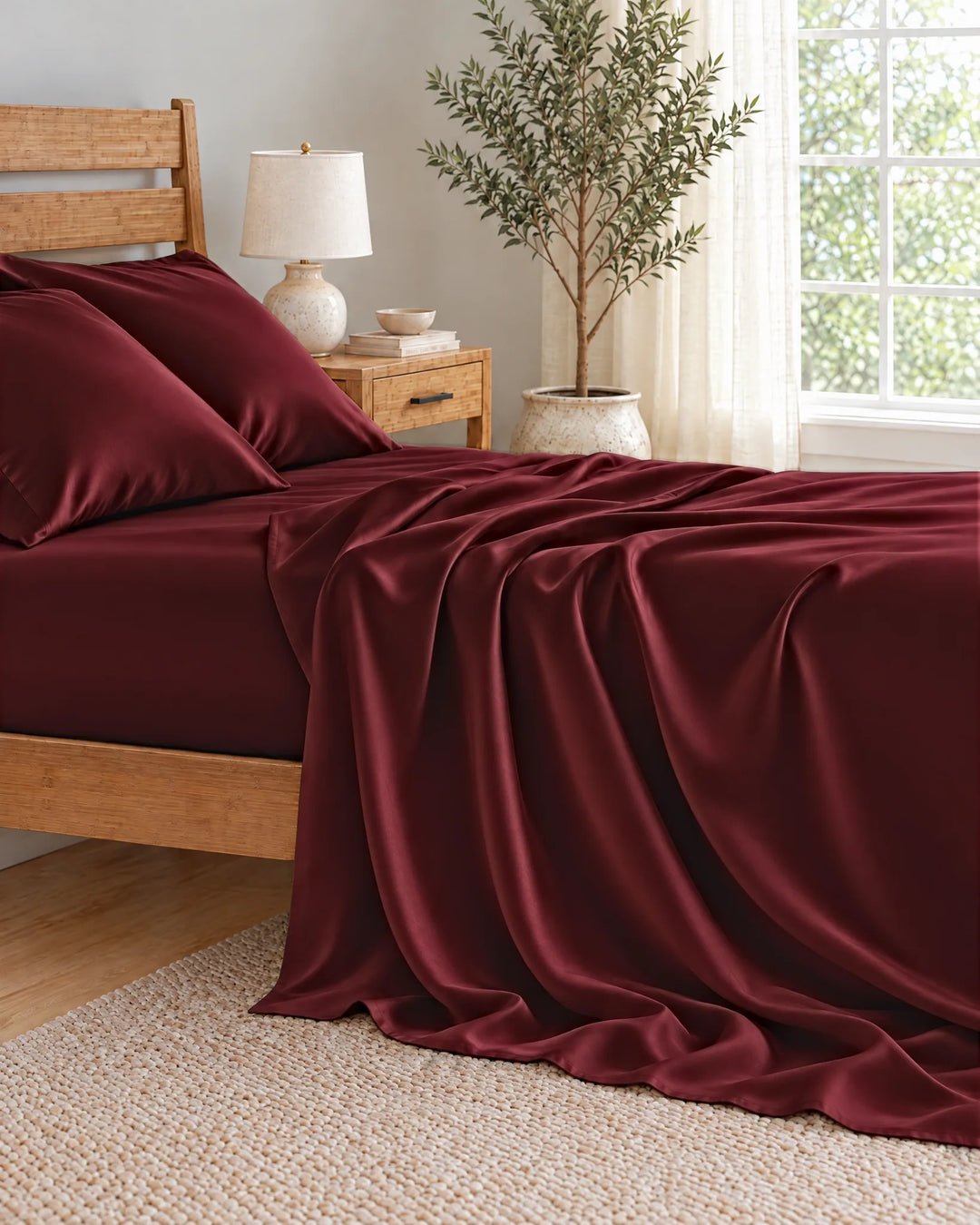 Ruby Red bamboo viscose flat sheet cascading in deep soft folds down the side of the mattress