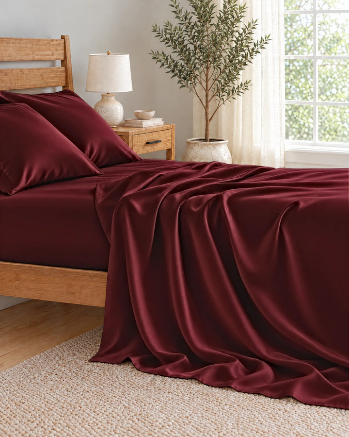 Ruby Red bamboo viscose flat sheet cascading in deep soft folds down the side of the mattress