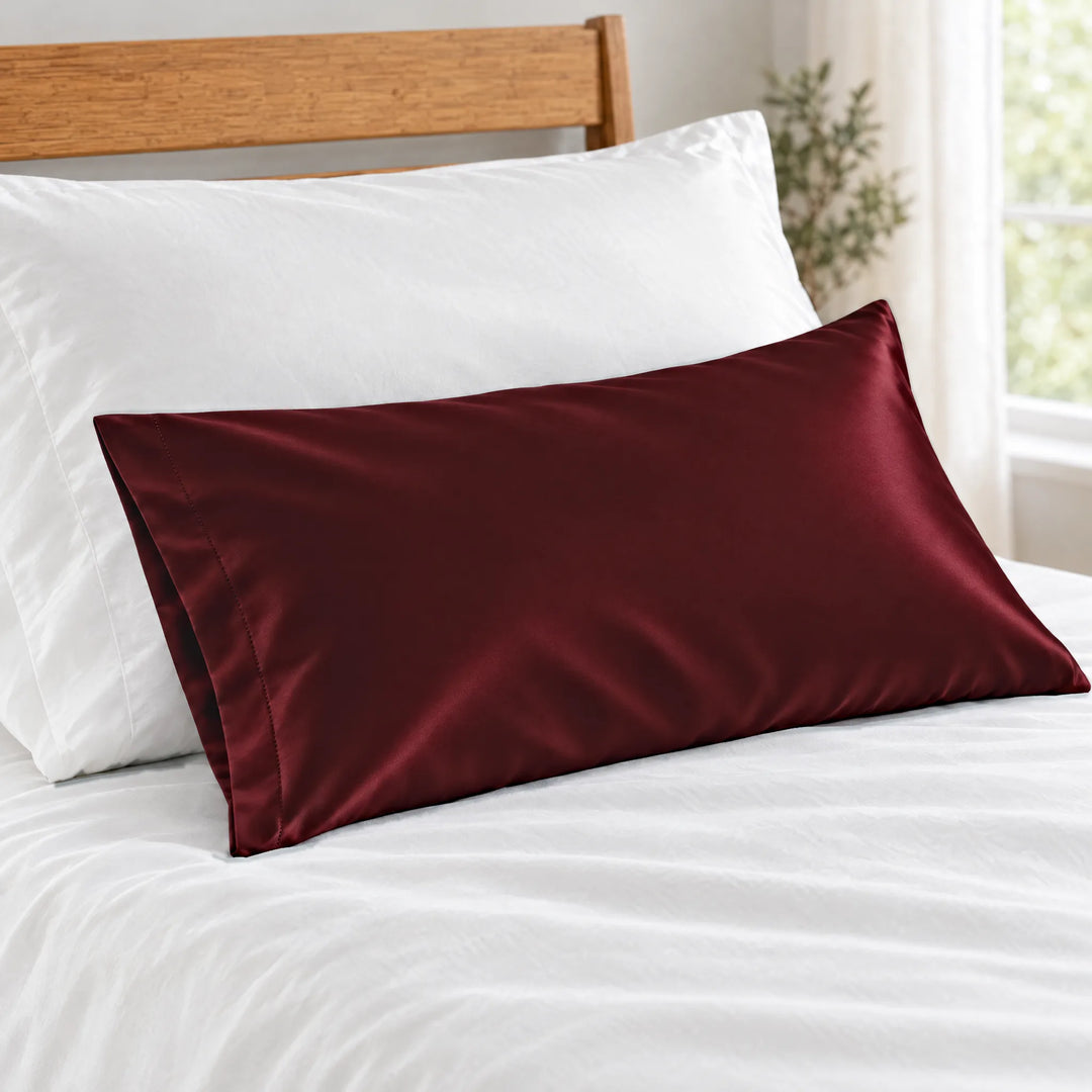 Ruby Red bamboo viscose sateen lumbar pillowcase close-up on white bedding showing the silky sateen finish and stitched hem