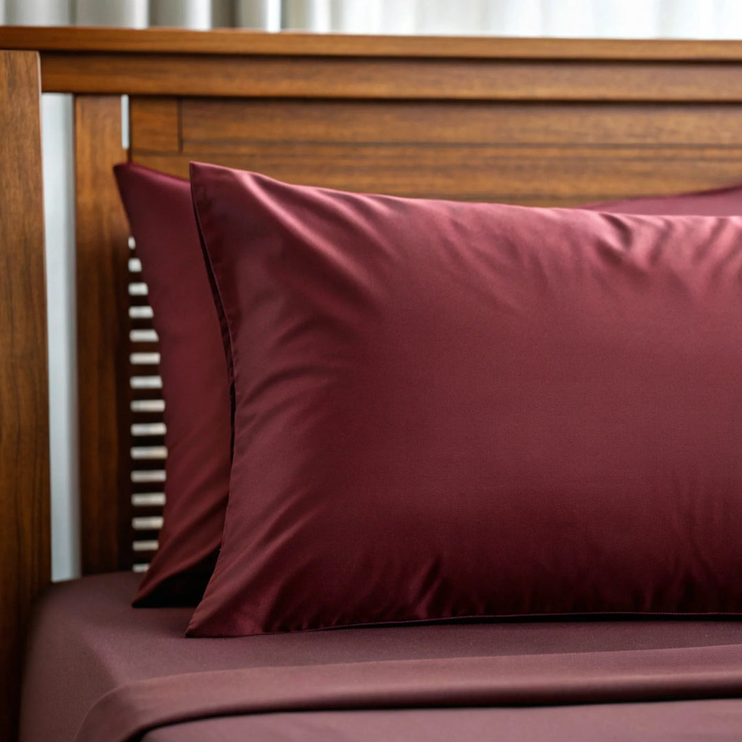 Ruby red bamboo sateen fabric close-up — the cooling weave used in the Toddler Pillowcase