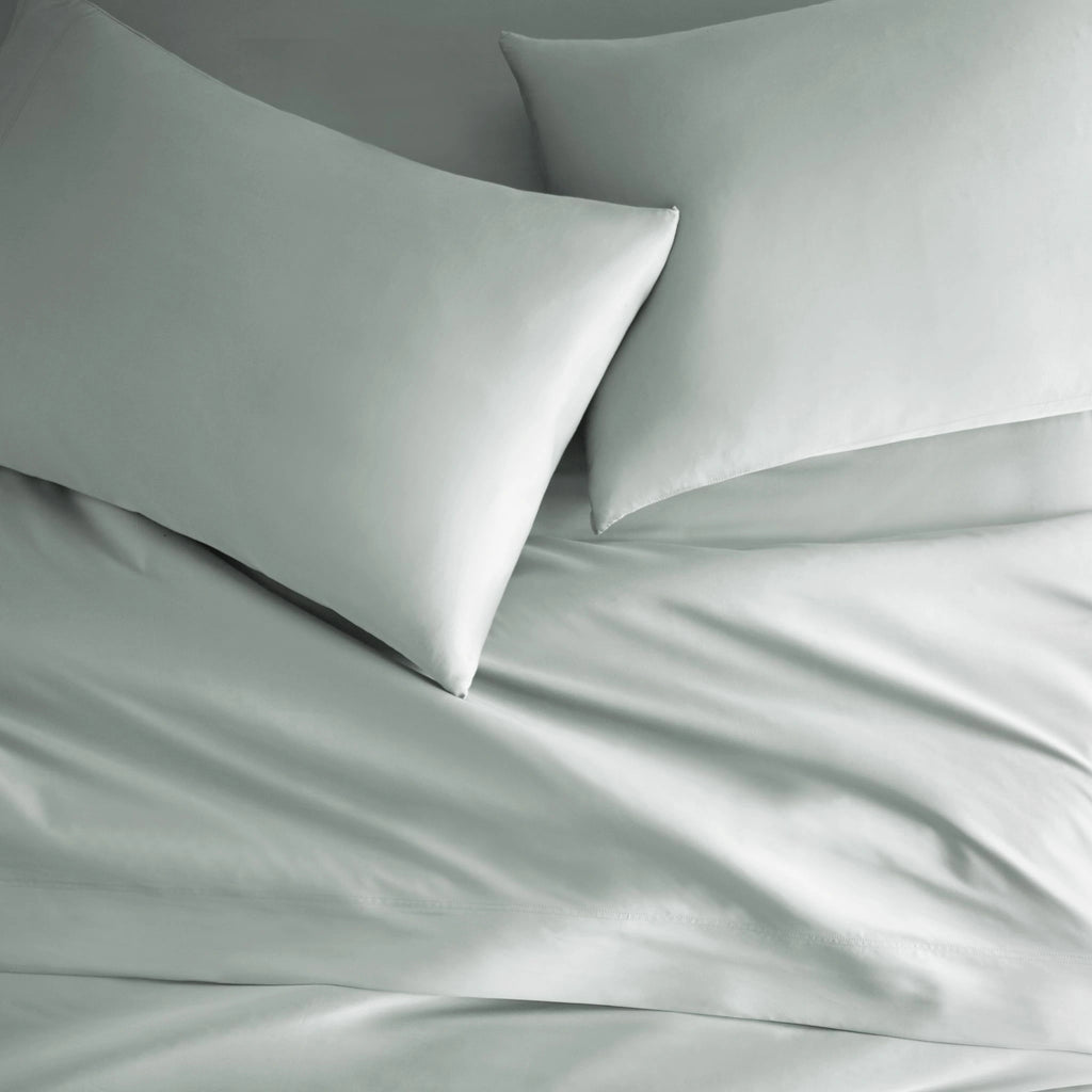 silver bamboo bed sheets with sateen weave from the Signature Collection, overhead view highlighting smooth texture and matching pillowcases
