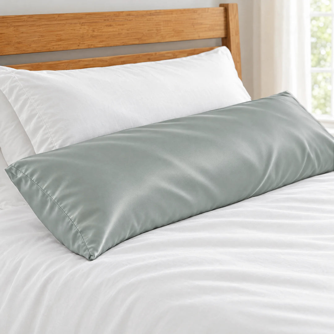 Silver bamboo viscose sateen body pillowcase close-up on a body pillow beside a white sleeping pillow, silky sateen finish