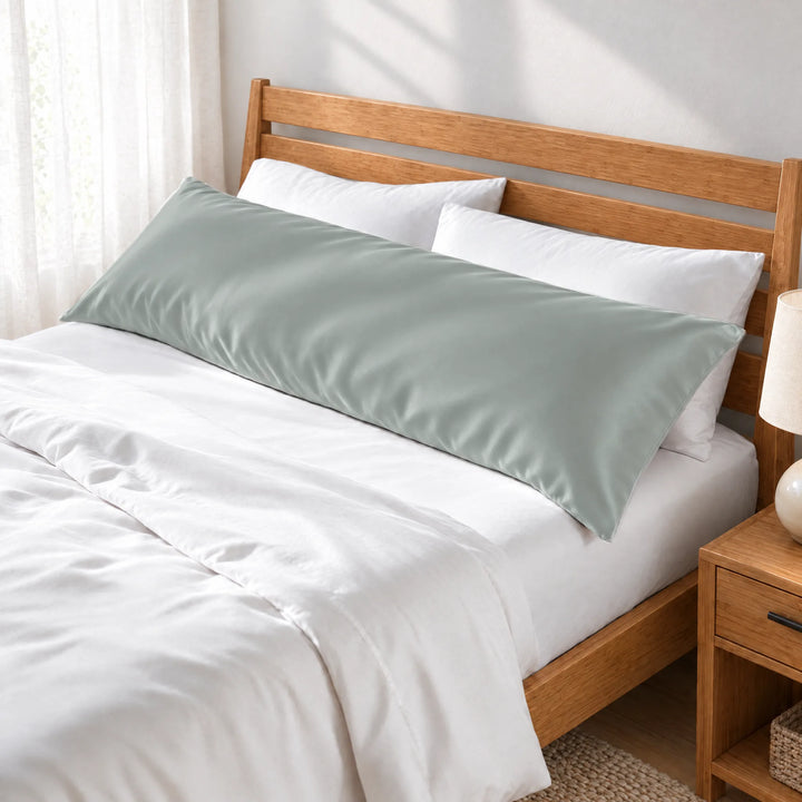 Silver bamboo viscose sateen body pillowcase along the headboard of a made bed, three-quarter view from the foot of the bed