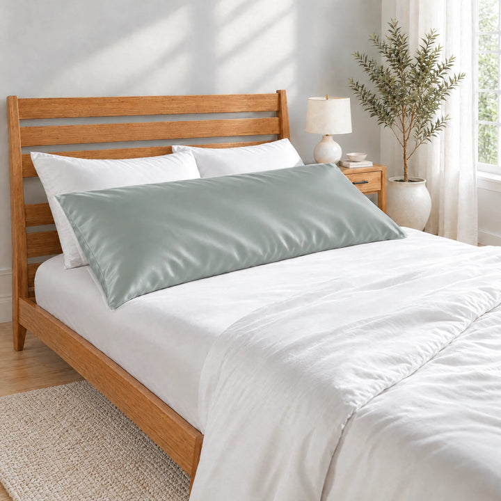 Silver bamboo viscose sateen body pillowcase lying in front of white pillows on a made bed with a honey bamboo headboard in a bright bedroom