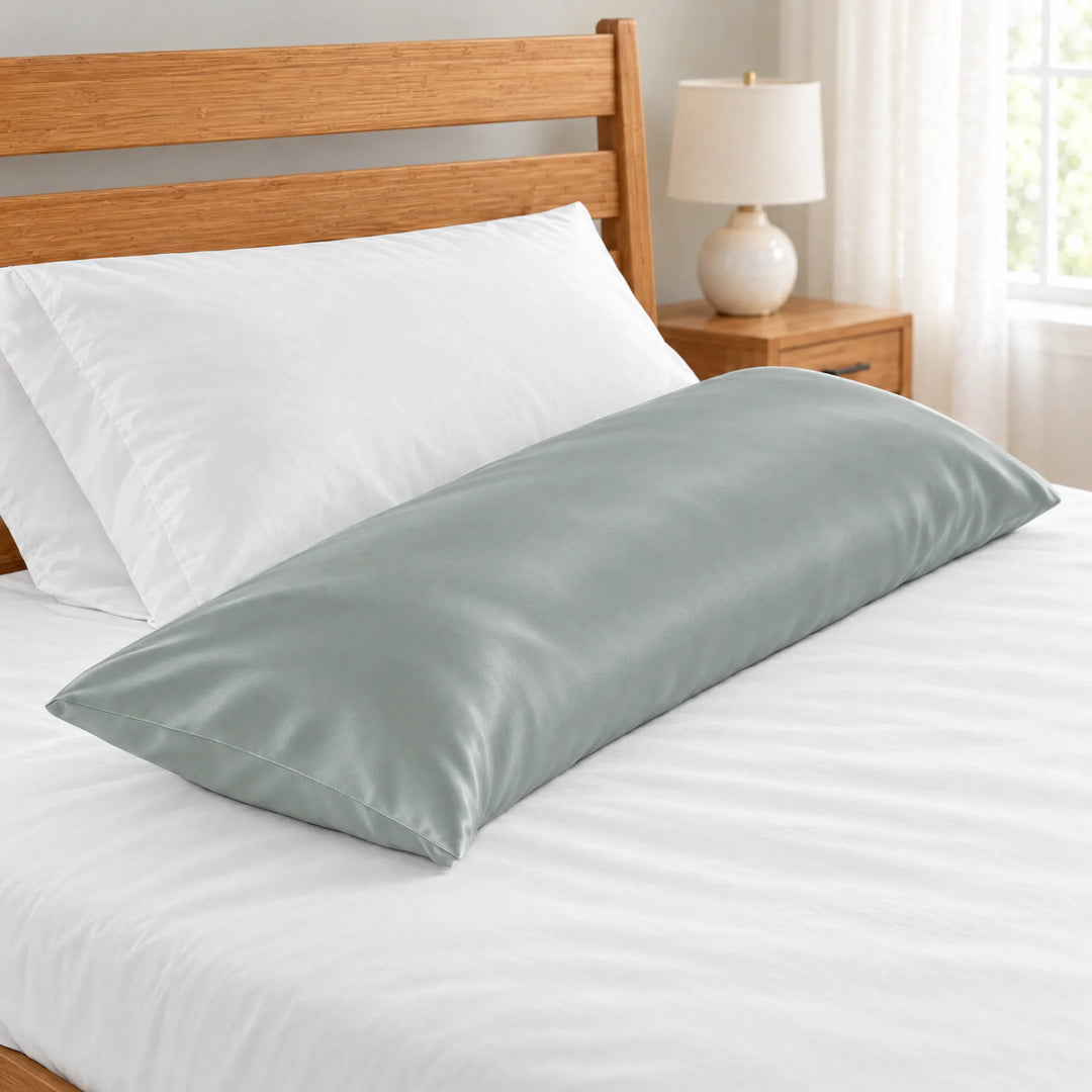 Silver bamboo viscose sateen body pillowcase close-up of the stitched hem beside a white pillow on a made bed, honey bamboo headboard and lamp in soft focus