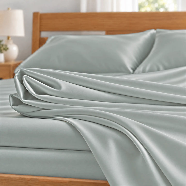 Silver bamboo viscose sateen fabric close-up of folded sheets and a body pillowcase, silky sateen finish