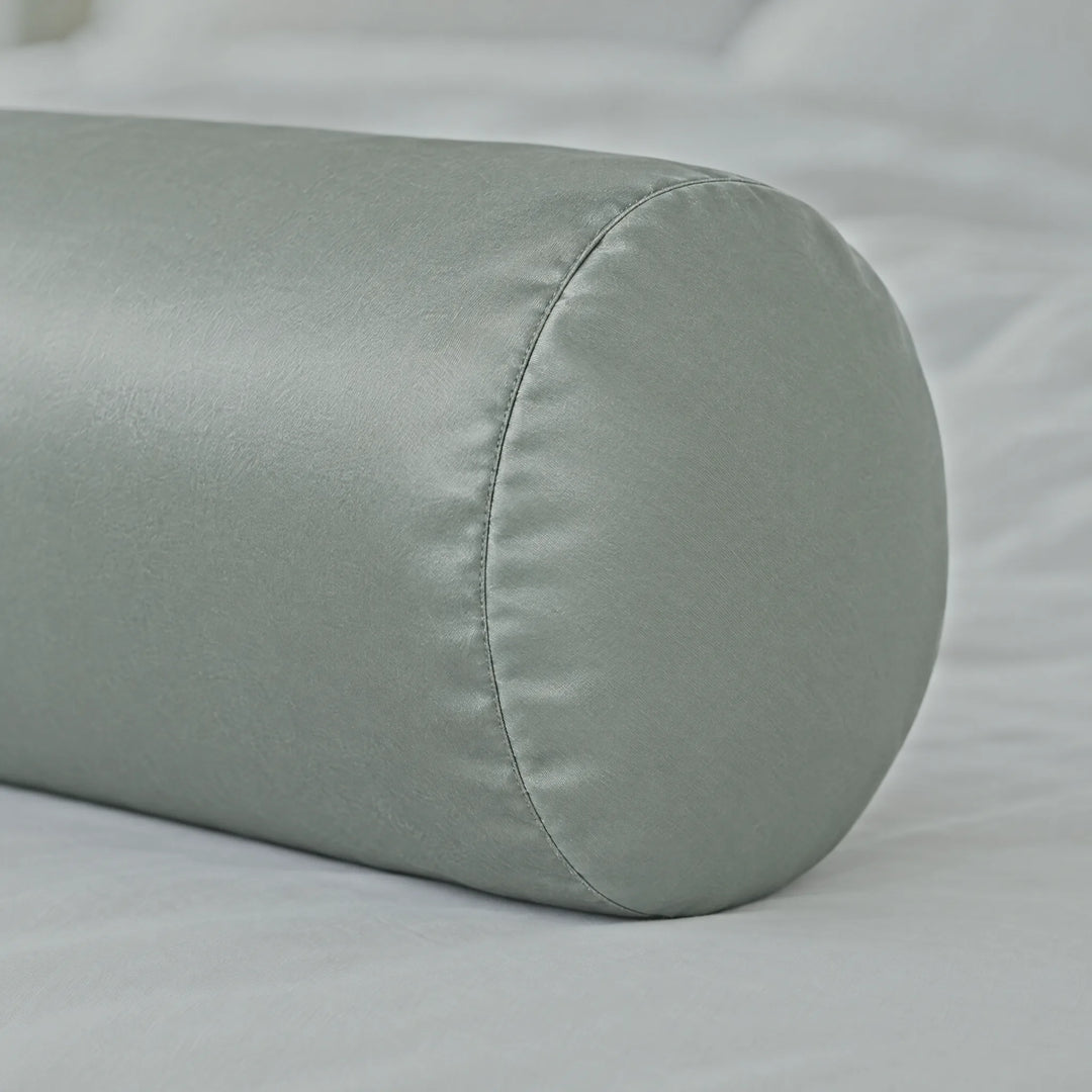 Silver bamboo viscose sateen bolster pillowcase, close-up of the smooth seamed end