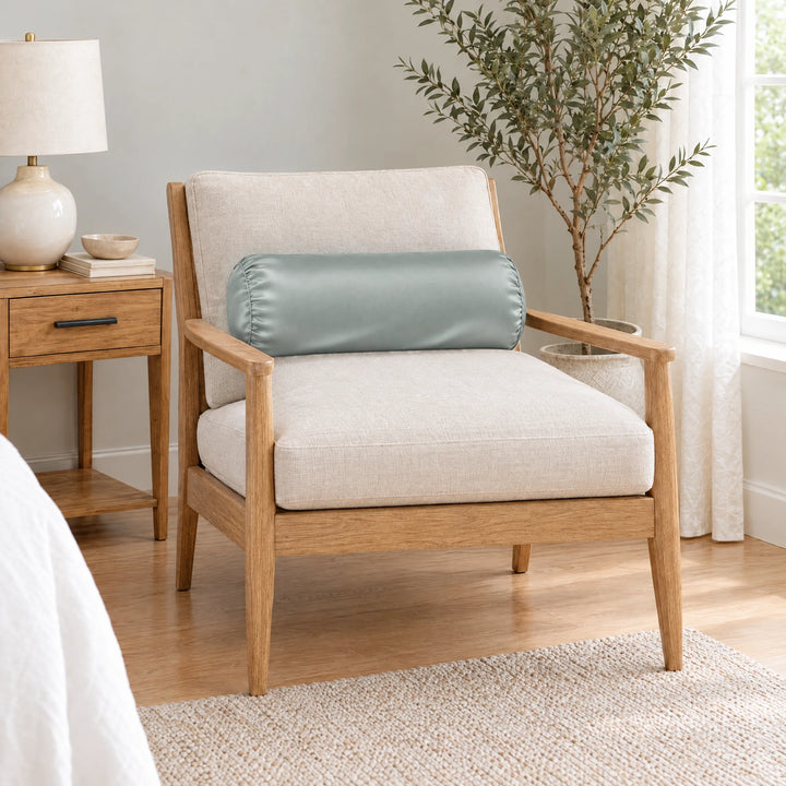Silver bamboo viscose sateen bolster pillowcase on an oak armchair