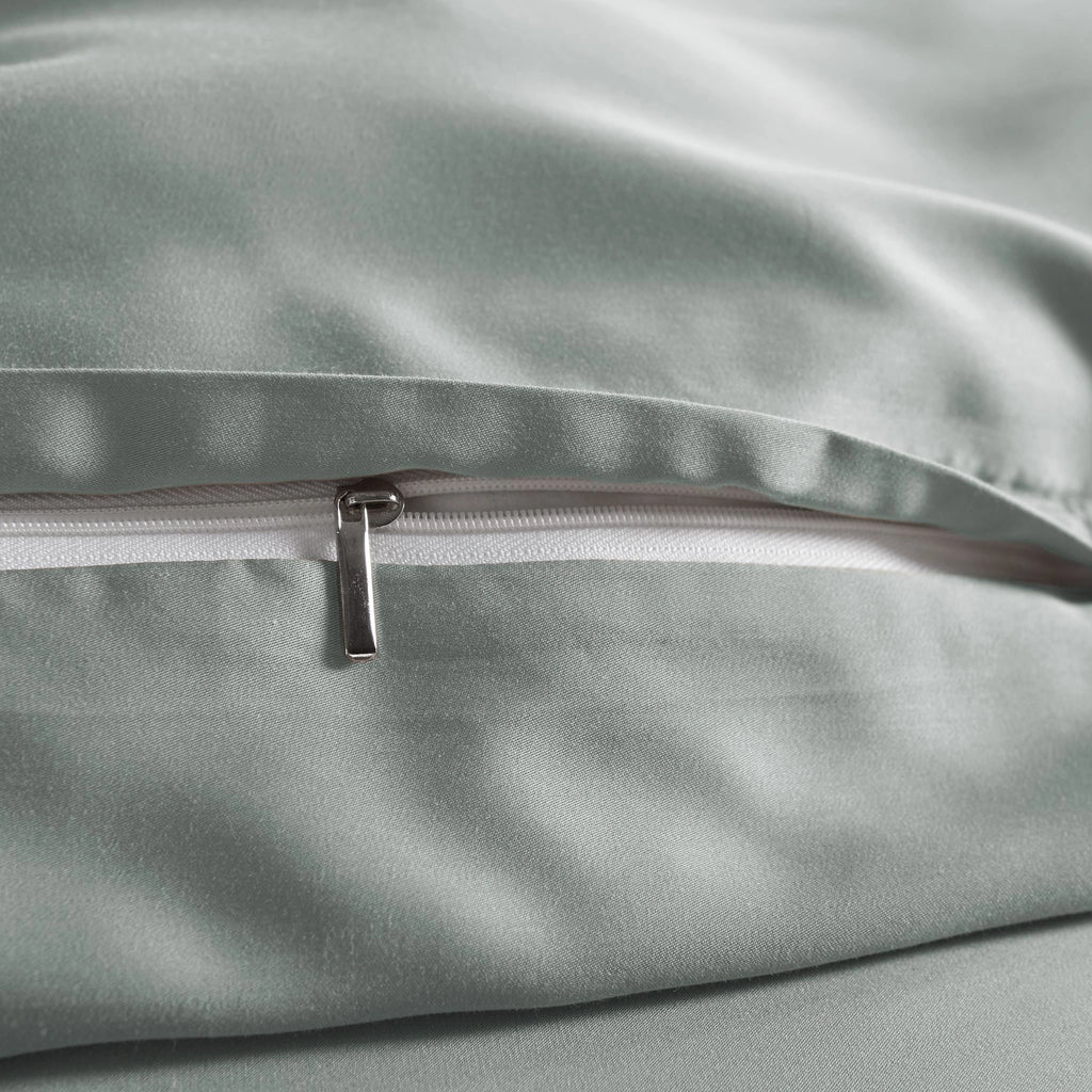 close-up of silver bamboo pillowcase with hidden white zipper and smooth sateen finish