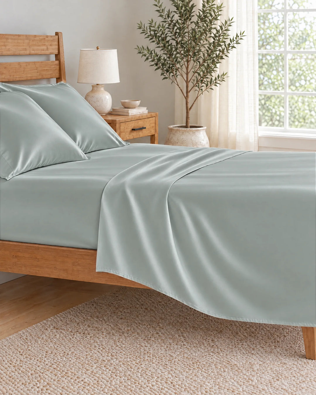 Silver bamboo viscose flat sheet pulled back in a soft morning drape over the mattress