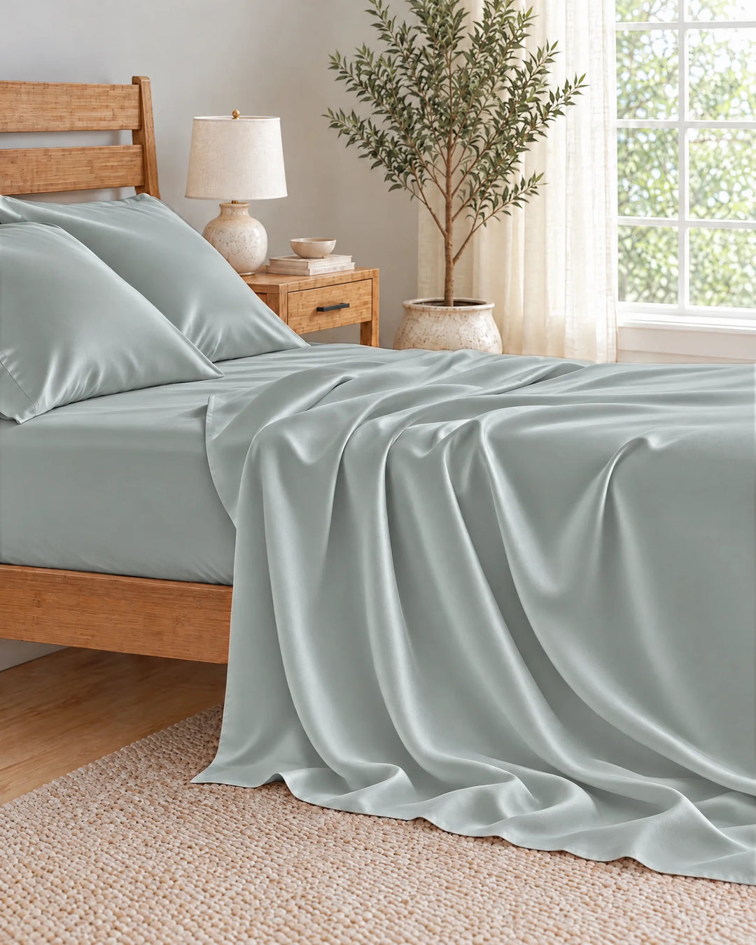 Silver bamboo viscose flat sheet cascading in deep soft folds down the side of the mattress