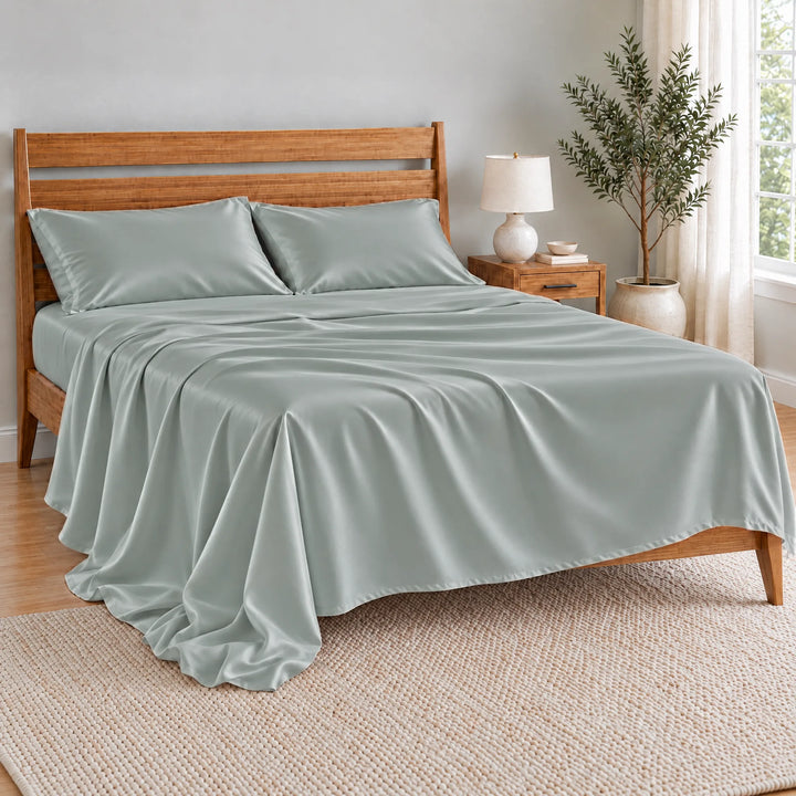 Silver bamboo viscose flat sheet oversized and relaxed, spilling over the side of the bed in soft folds