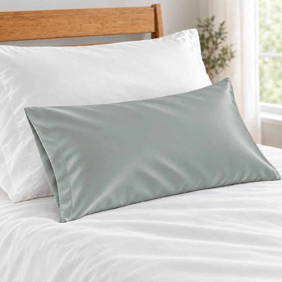 Silver bamboo viscose sateen lumbar pillowcase close-up on white bedding showing the silky sateen finish and stitched hem
