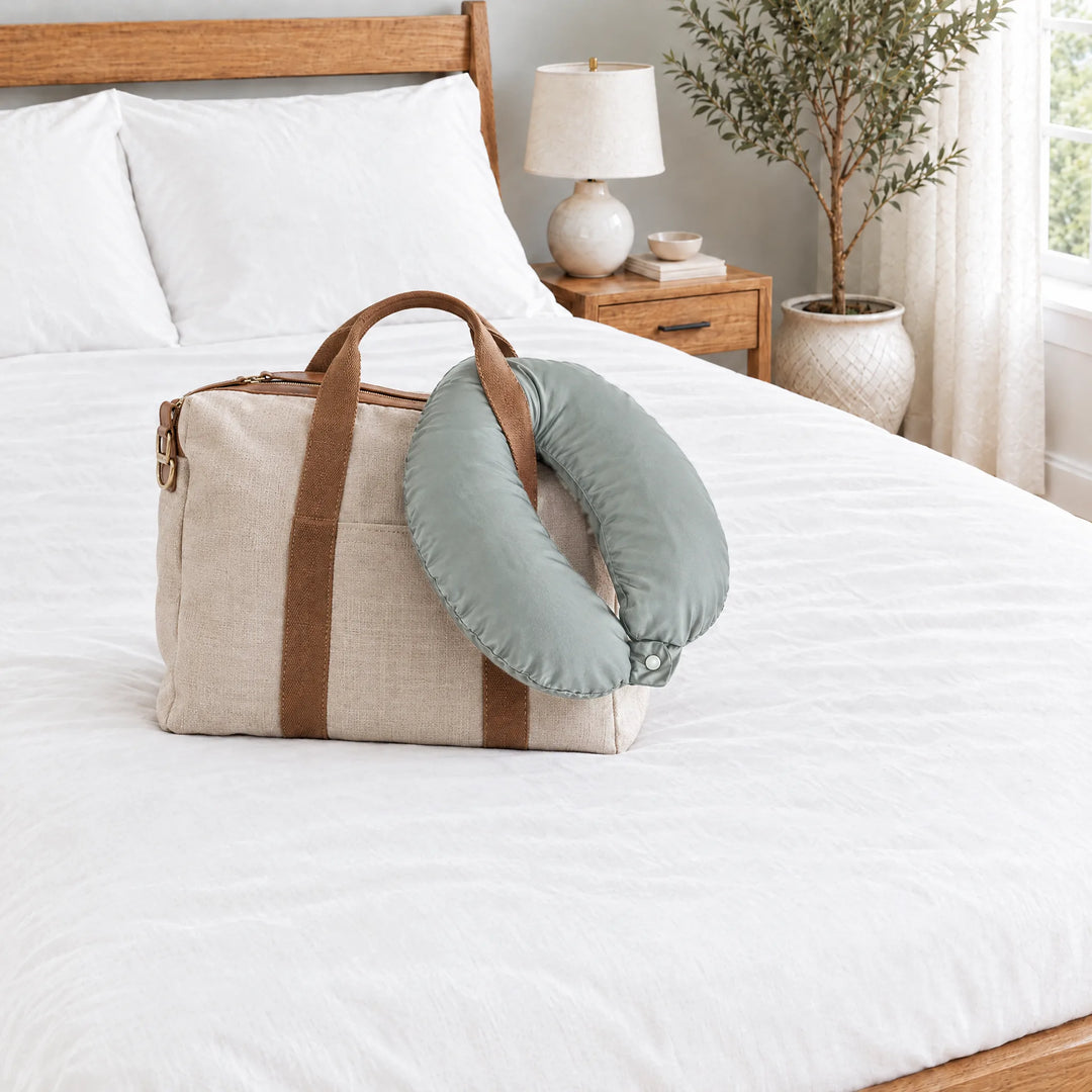 Silver bamboo viscose sateen neck pillowcase hanging from a linen tote handle on a made bed