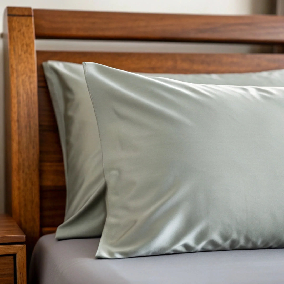 Silver bamboo sateen fabric close-up — the cooling weave used in the Toddler Pillowcase