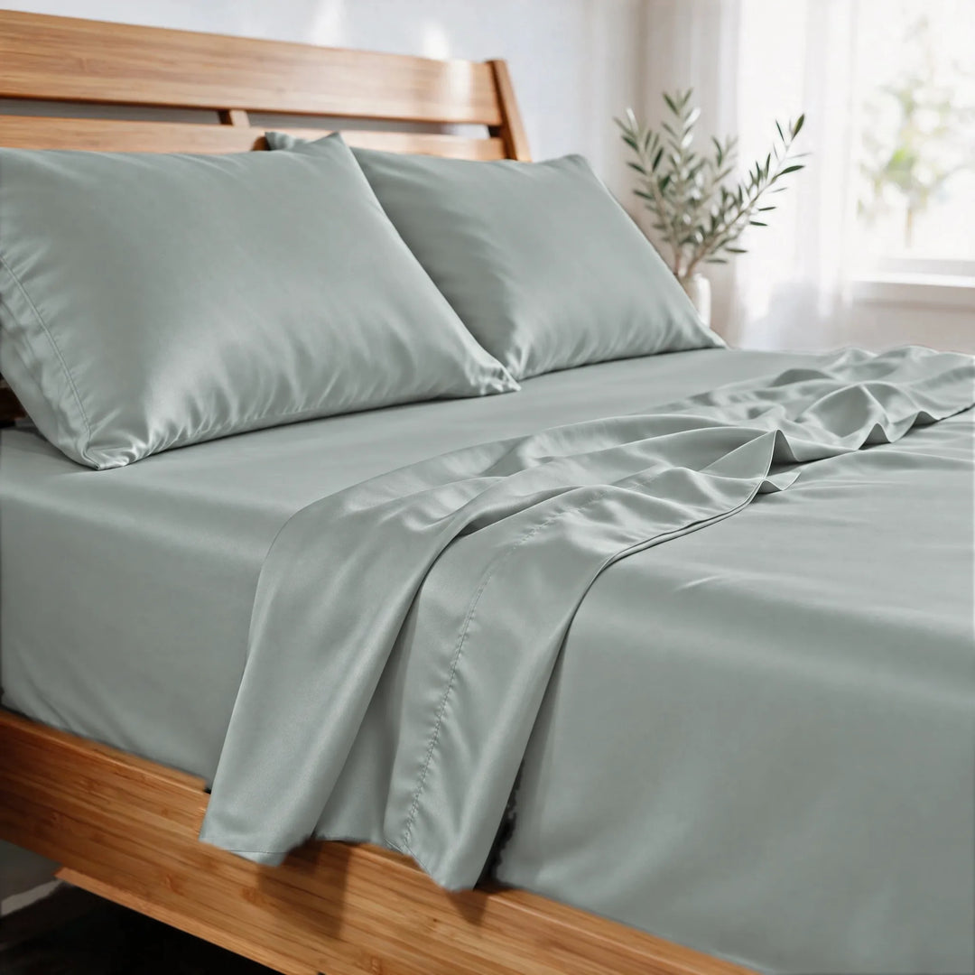 Silver bamboo viscose sateen pillowcases close-up in morning light, showing the soft sheen