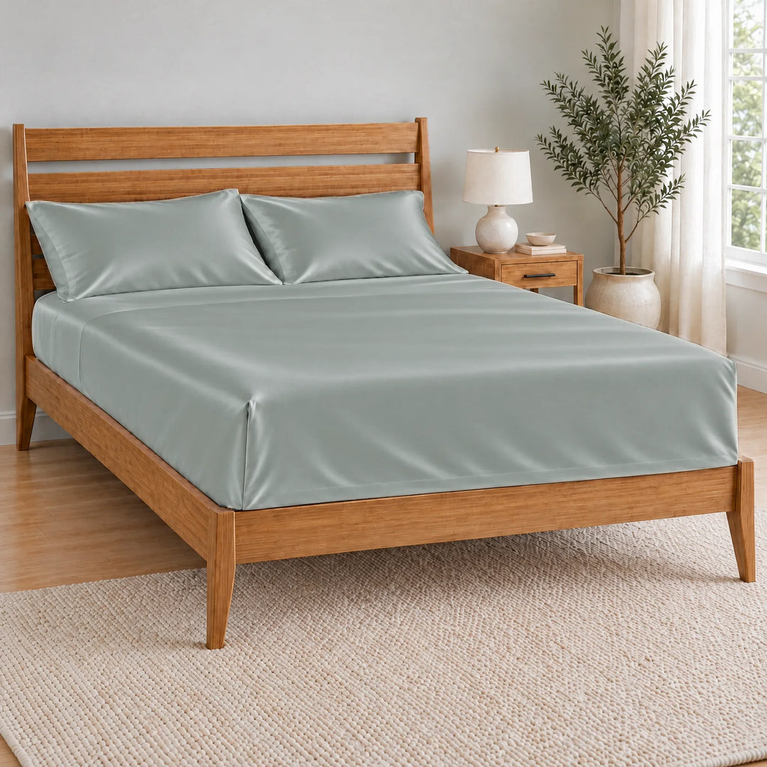 Silver bamboo viscose flat sheet with a tucked hospital corner on a made bed, from the sheet set