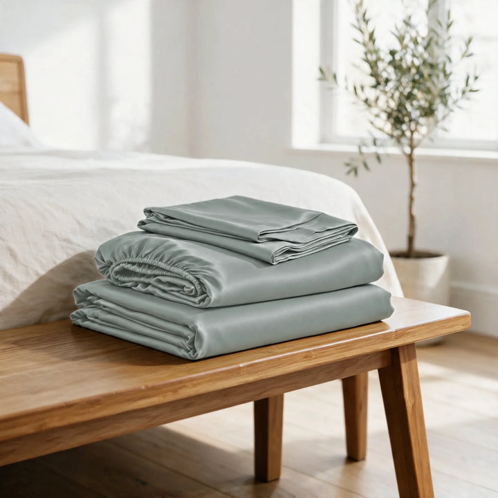 Silver bamboo viscose sheet set folded on a bamboo bench: flat sheet, fitted sheet and pillowcases