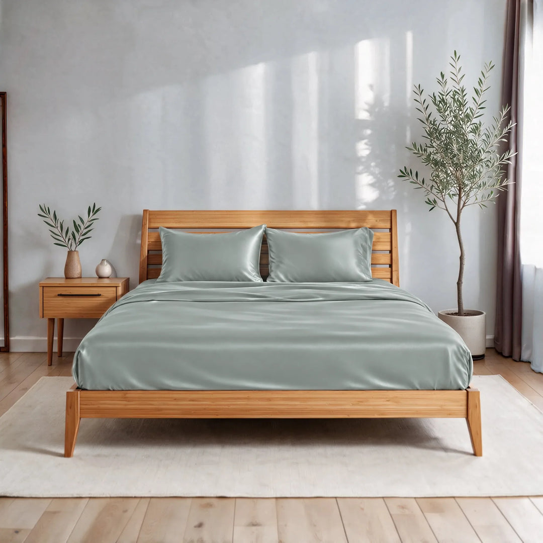 Silver bamboo viscose sateen sheet set on a caramelized bamboo bed frame in a bright bedroom with a cream rug and olive tree