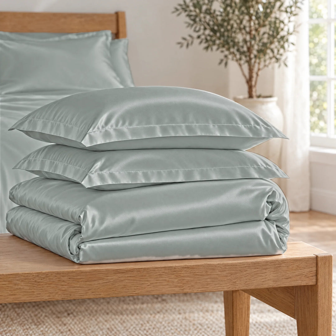 Silver bamboo viscose Signature duvet cover and two shams, neatly folded in a stack on an oak bench