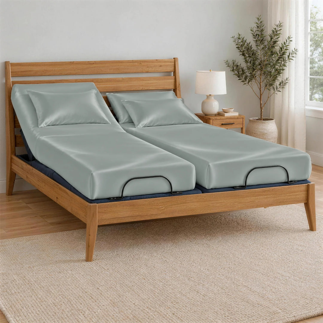 Silver bamboo viscose Split King sheets on two separate twin XL mattresses, BT3000 Split King adjustable base in a Greenington Sienna bamboo frame