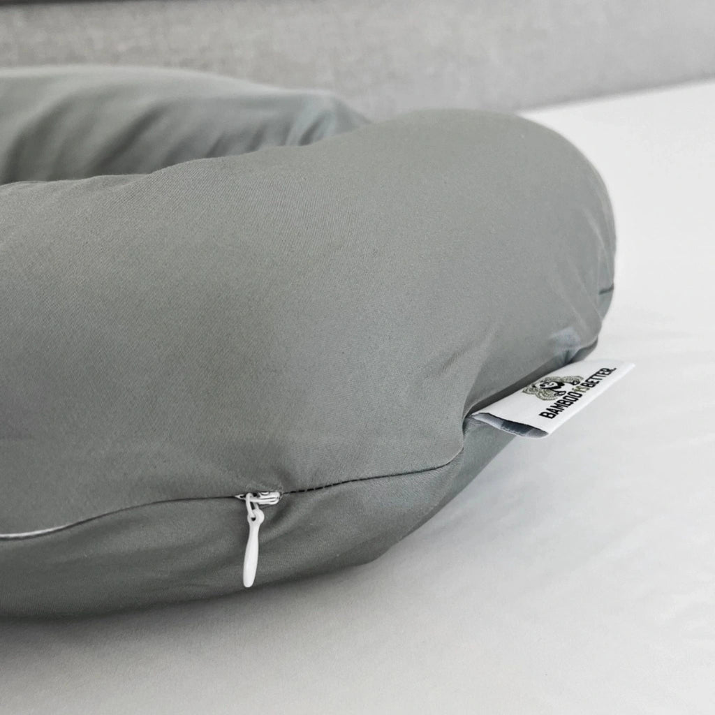 Close-up of the silver travel pillowcase zipper detail highlighting smooth, durable stitching and secure closure