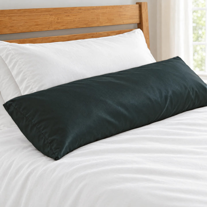 Slate bamboo viscose sateen body pillowcase close-up on a body pillow beside a white sleeping pillow, silky sateen finish