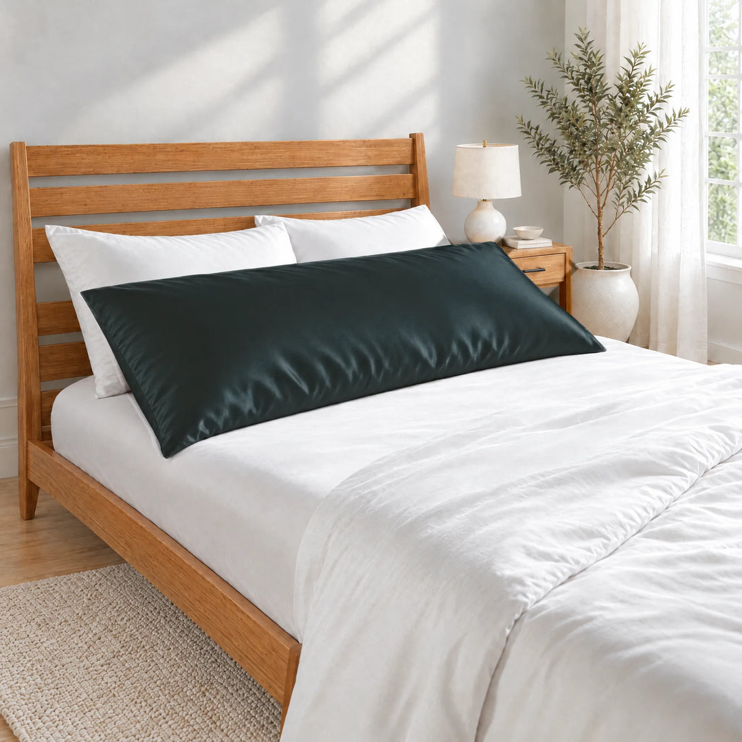 Slate bamboo viscose sateen body pillowcase lying in front of white pillows on a made bed with a honey bamboo headboard in a bright bedroom