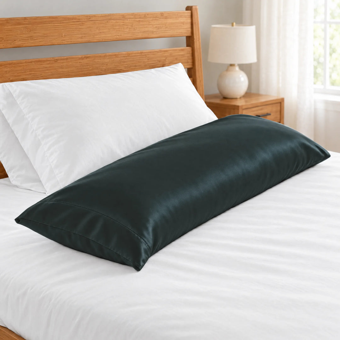 Slate bamboo viscose sateen body pillowcase close-up of the stitched hem beside a white pillow on a made bed, honey bamboo headboard and lamp in soft focus