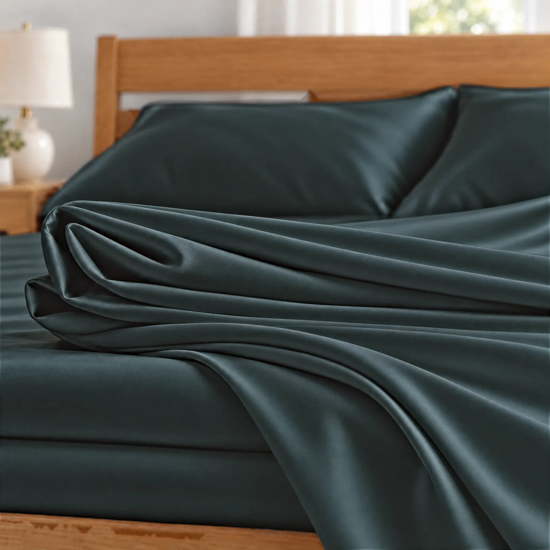 Slate bamboo viscose sateen fabric close-up of folded sheets and a body pillowcase, silky sateen finish