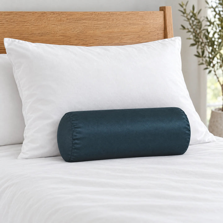 Slate bamboo viscose sateen bolster pillowcase (18 x 8 in) in front of a queen pillow to show true size