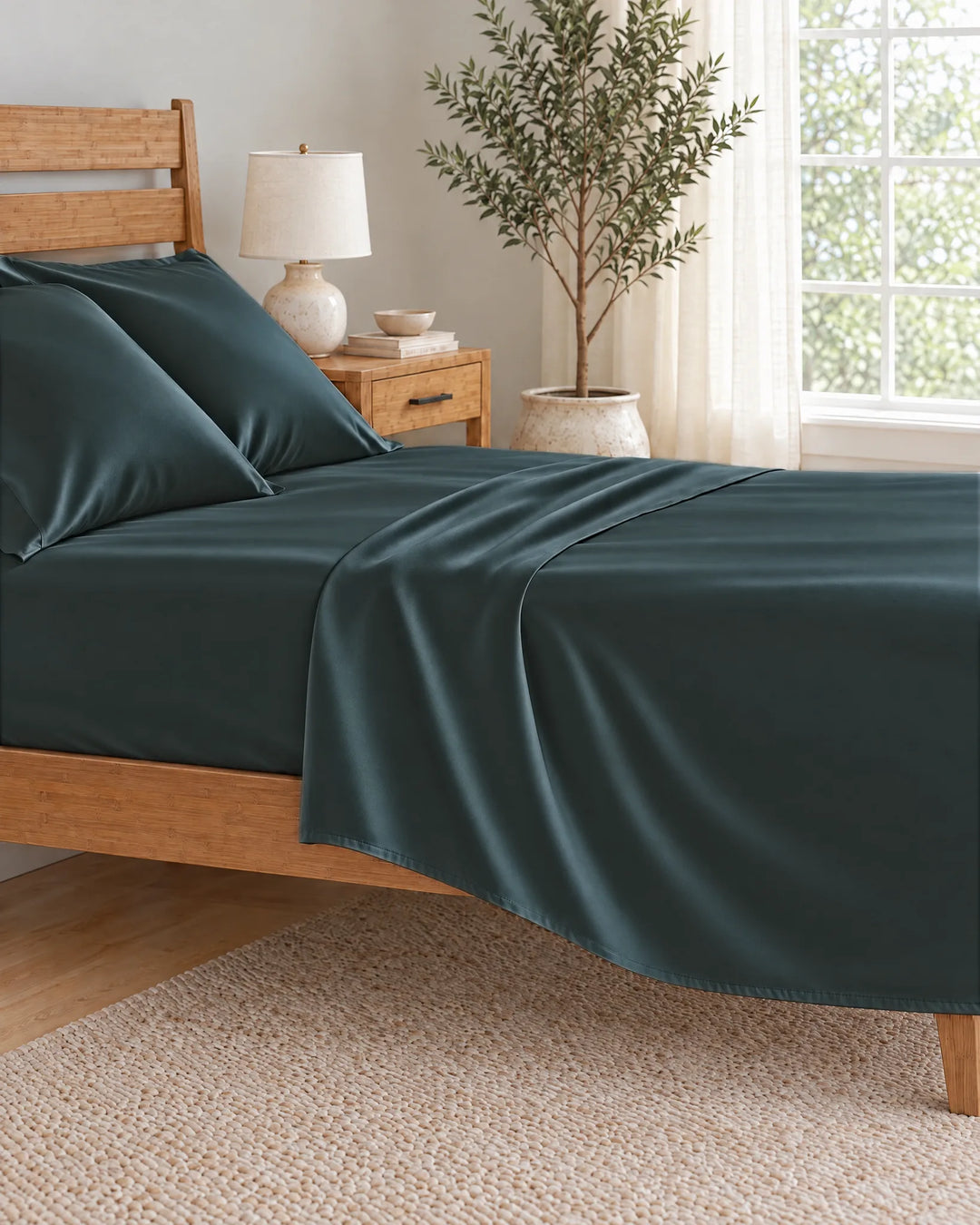 Slate bamboo viscose flat sheet pulled back in a soft morning drape over the mattress