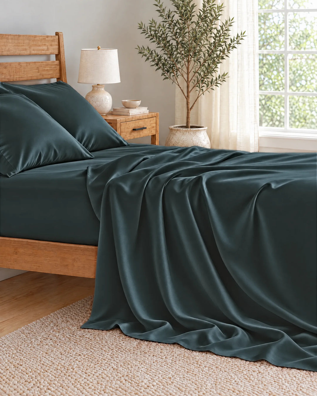 Slate bamboo viscose flat sheet cascading in deep soft folds down the side of the mattress