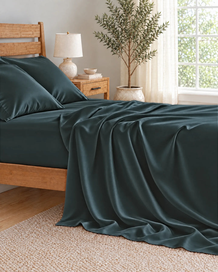Slate bamboo viscose flat sheet cascading in deep soft folds down the side of the mattress