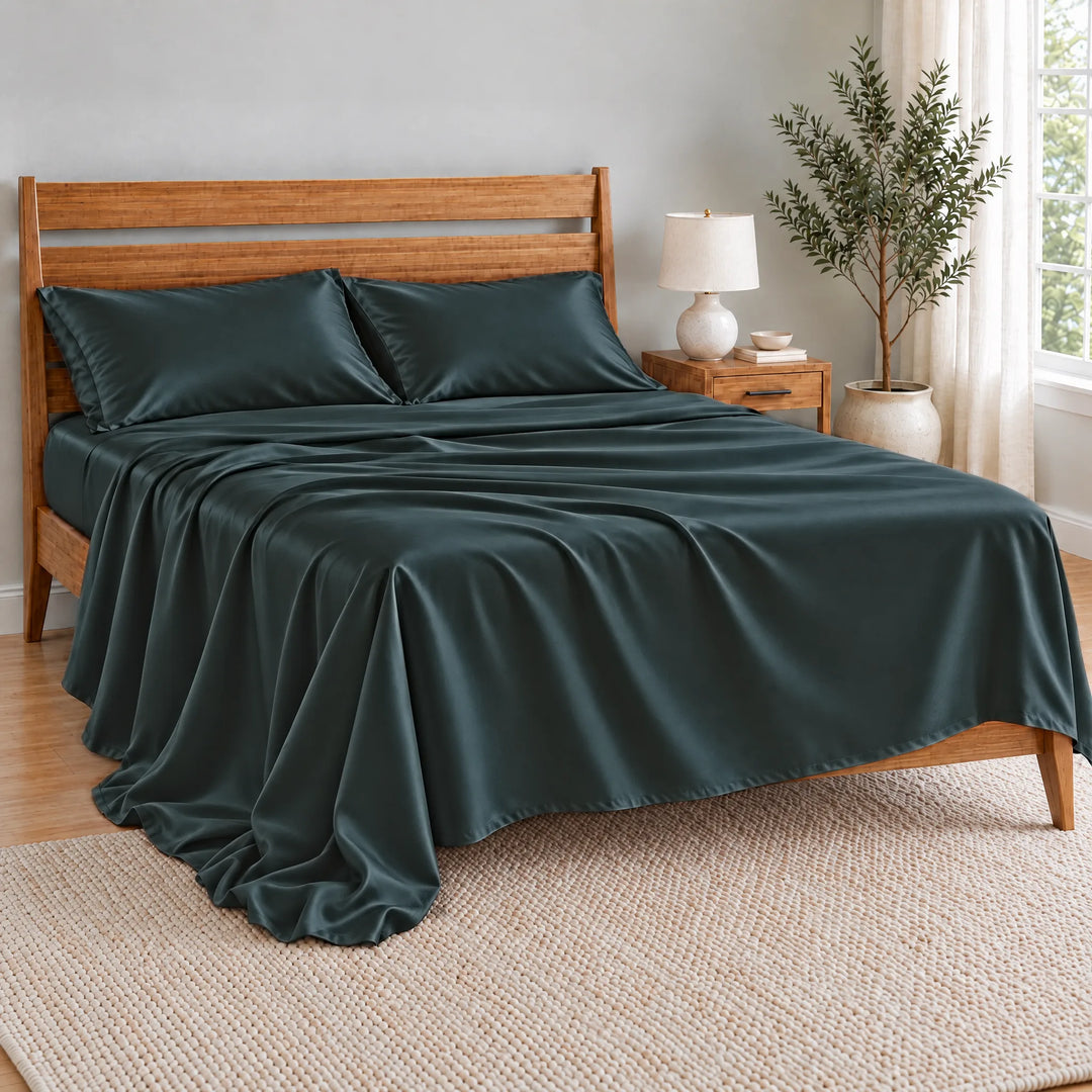 Slate bamboo viscose flat sheet oversized and relaxed, spilling over the side of the bed in soft folds