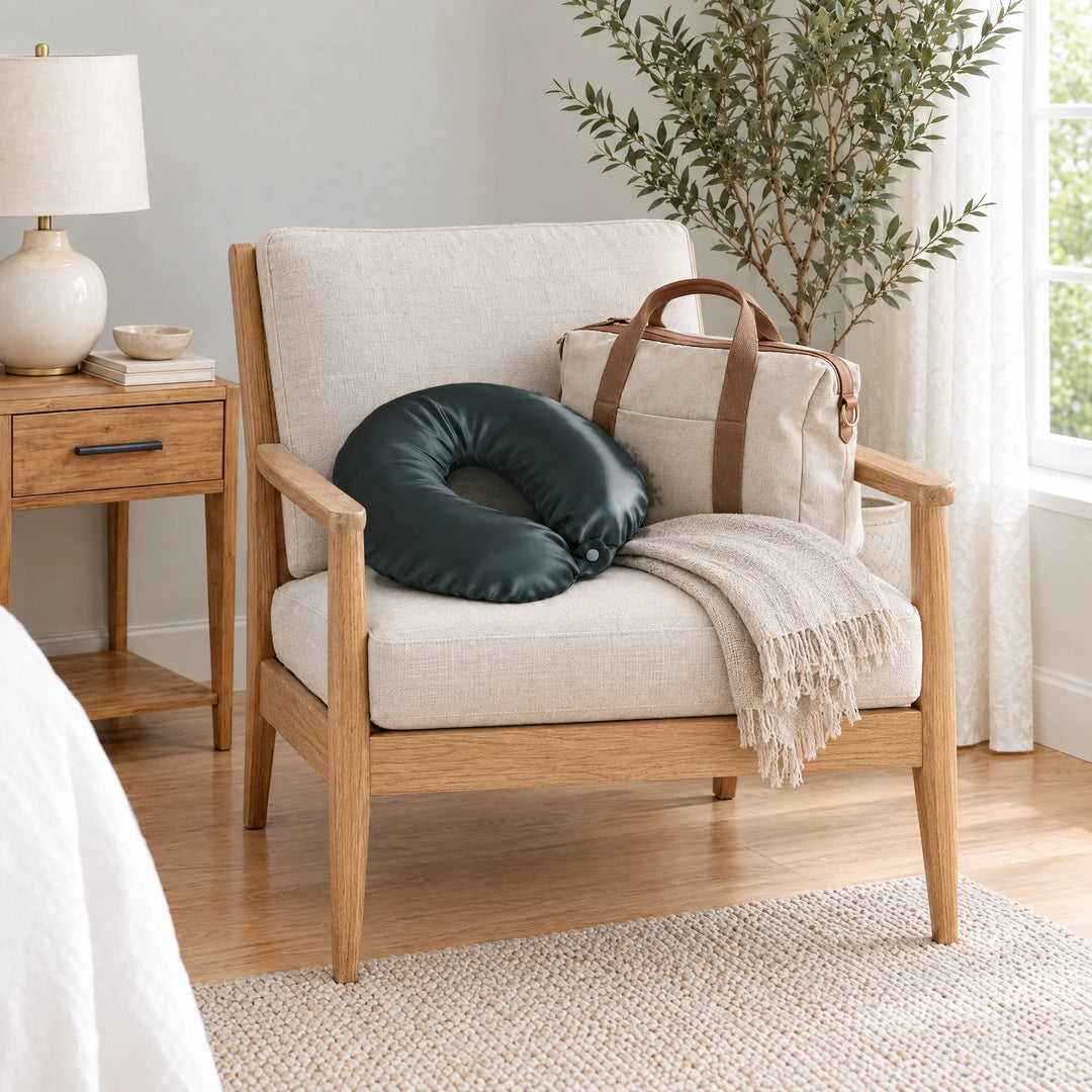 Slate bamboo viscose sateen neck pillowcase on an oak armchair beside a linen travel tote and throw