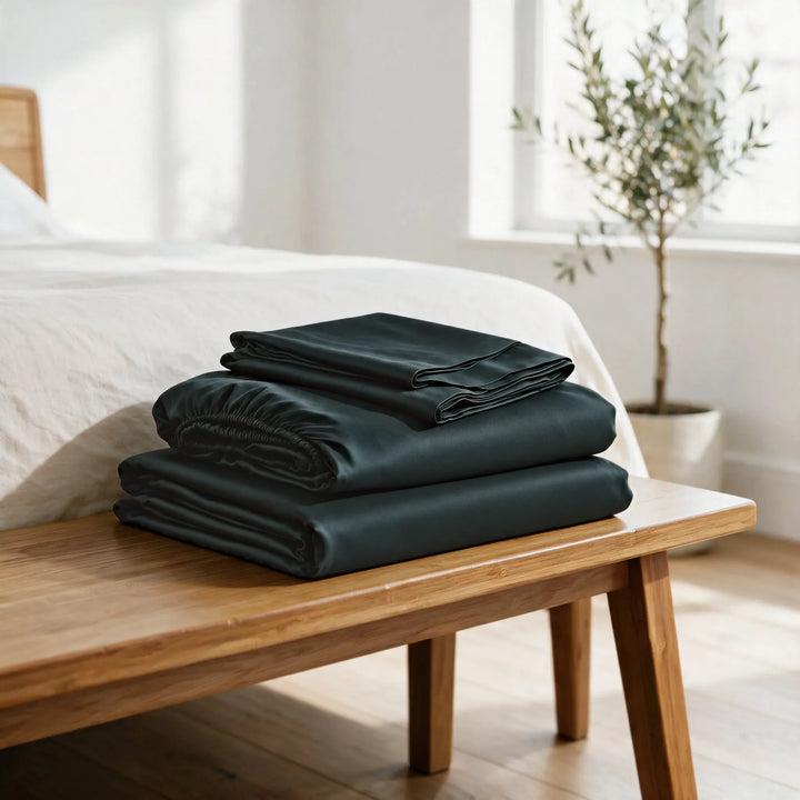 Slate bamboo viscose sheet set folded on a bamboo bench: flat sheet, fitted sheet and pillowcases